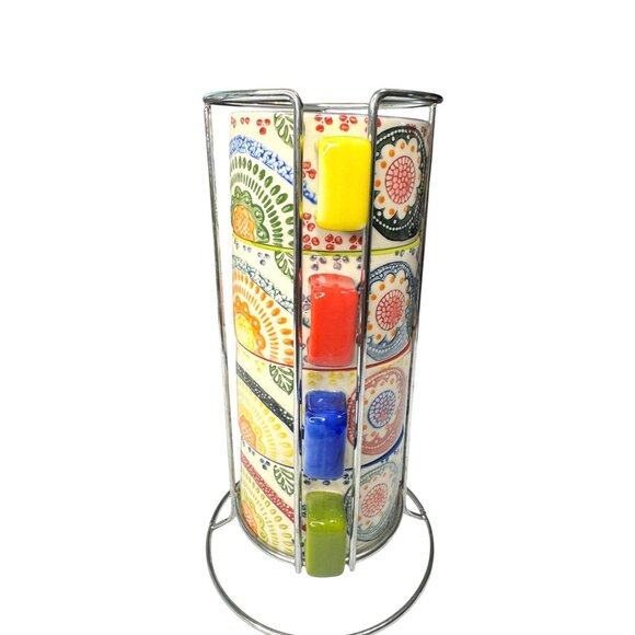 Pier 1 Imports Colorful Ceramic Stackable Coffee Mug Set With Metal Stand - Picture 6 of 7